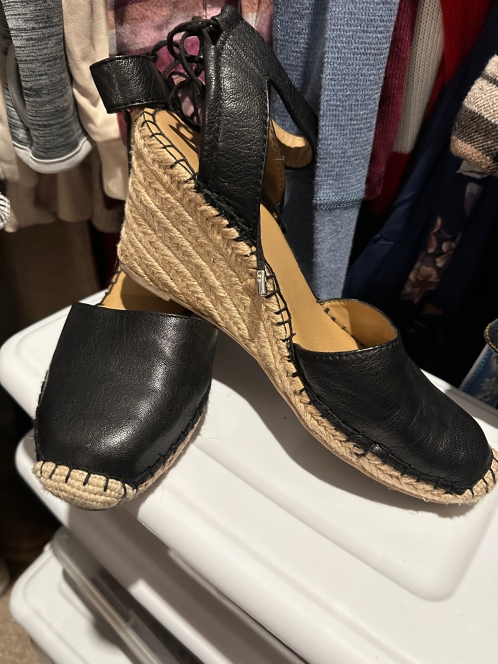 Franco Sarto Black Leather Espadrille Wedge Sandals